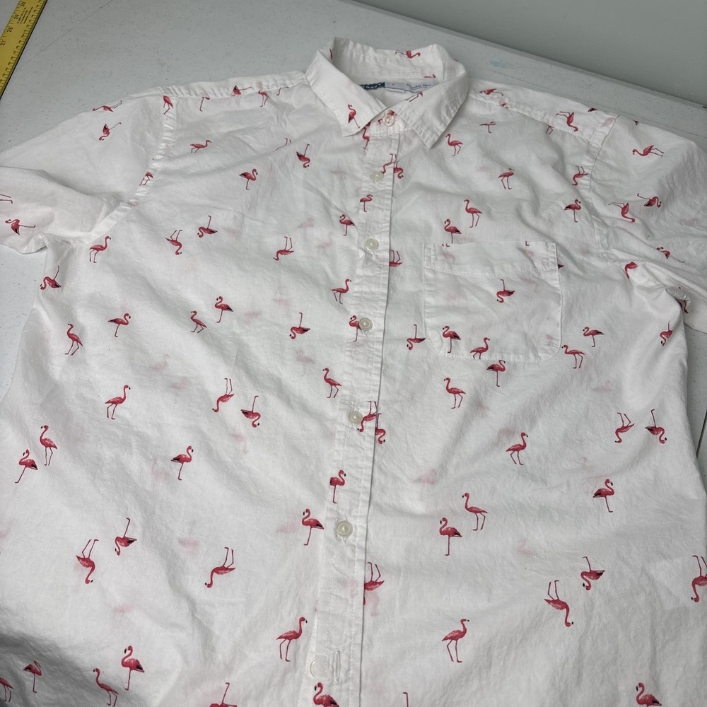 Old Navy Everyday Shirt Mens Pink Flamingo Button-Up Short Sleeve Shirt White L